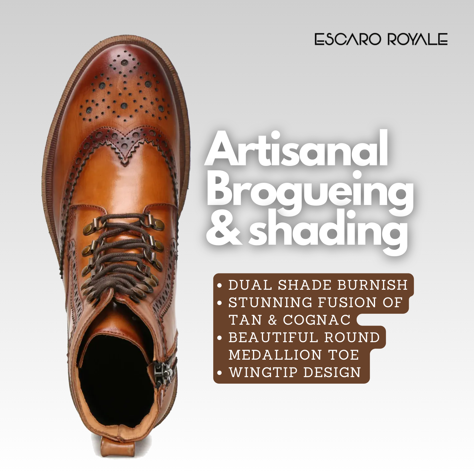 Edward Zipper+Laceup Brogue Boots in Cognac/ Tan
