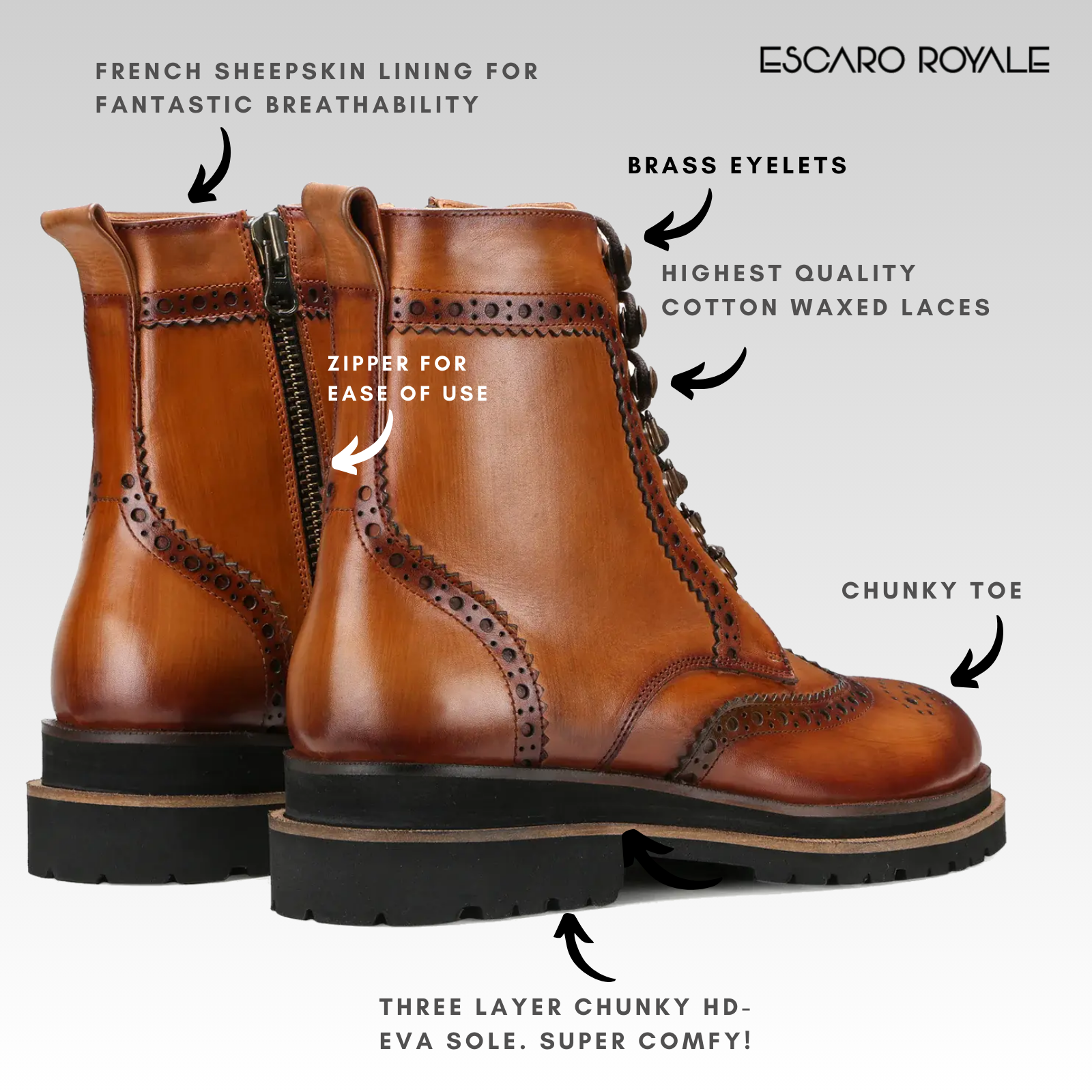 Edward Zipper+Laceup Brogue Boots in Cognac/ Tan