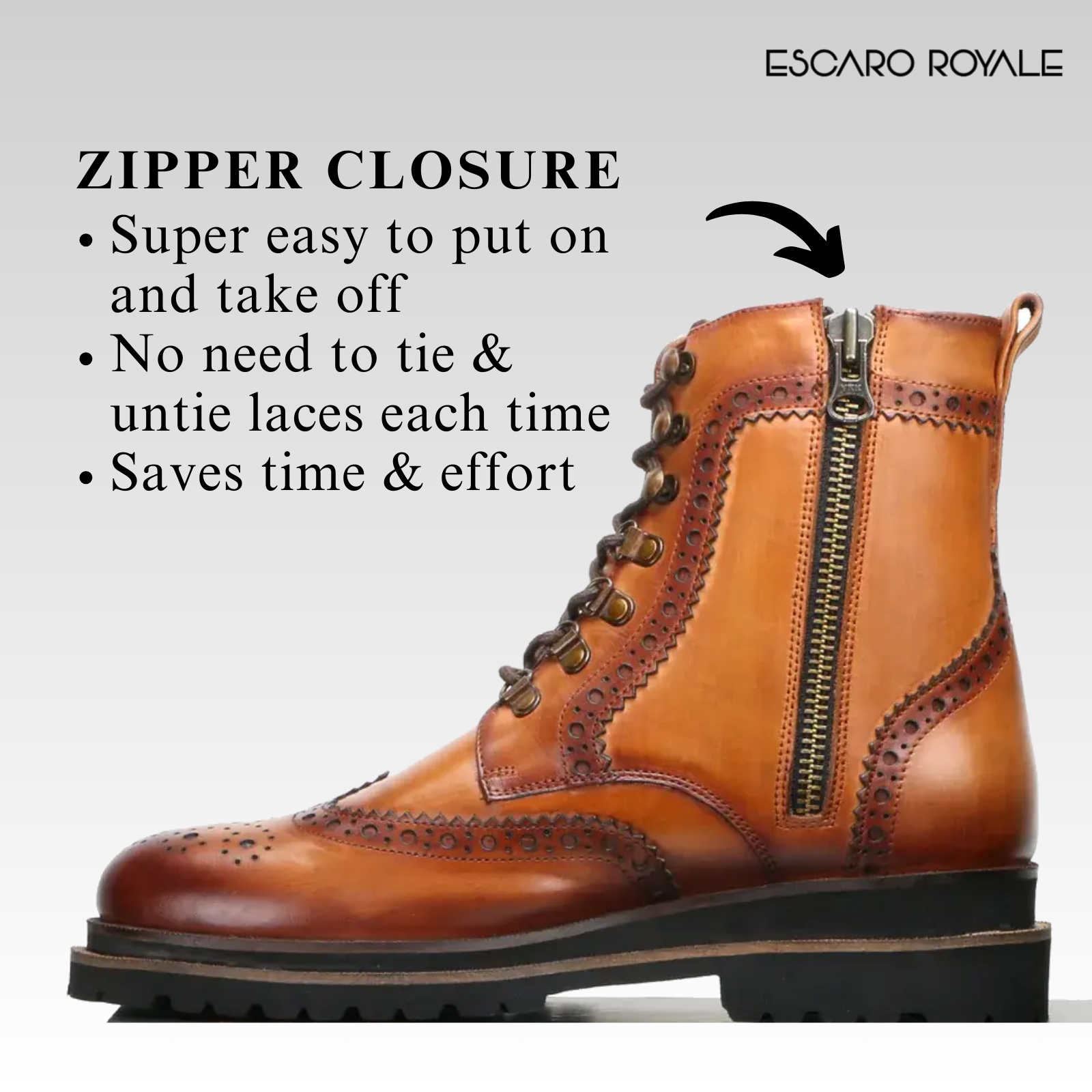 Edward Zipper+Laceup Brogue Boots in Cognac/ Tan
