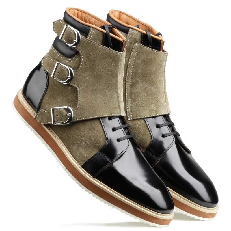 Barton Designer 3-Buckled Boots in Black Olive Suede