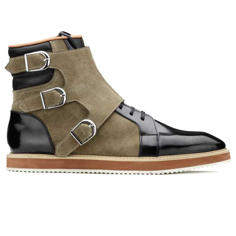 Barton Designer 3-Buckled Boots in Black Olive Suede