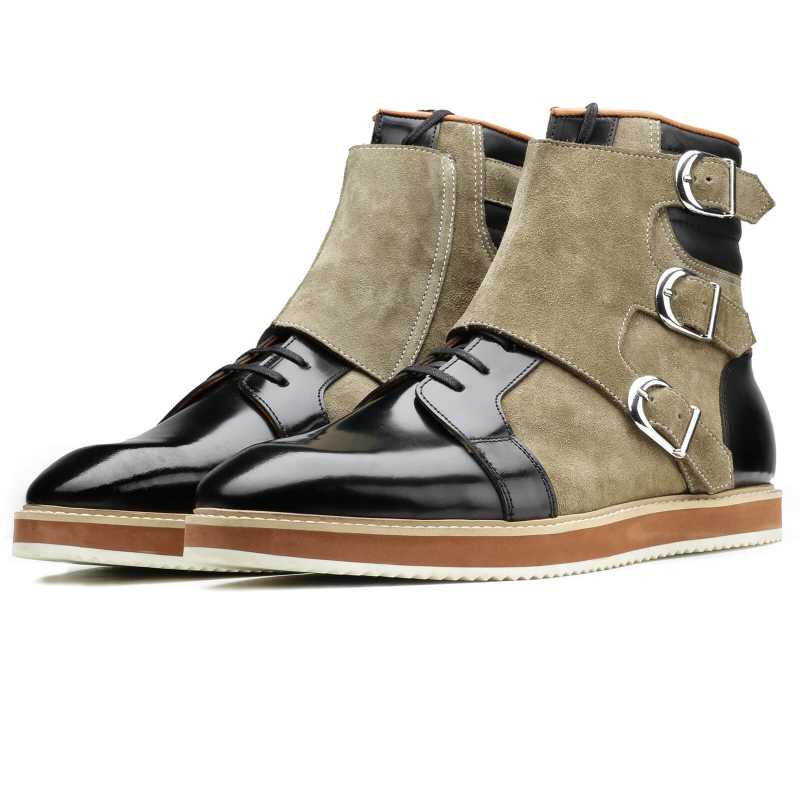 Barton Designer 3-Buckled Boots in Black Olive Suede
