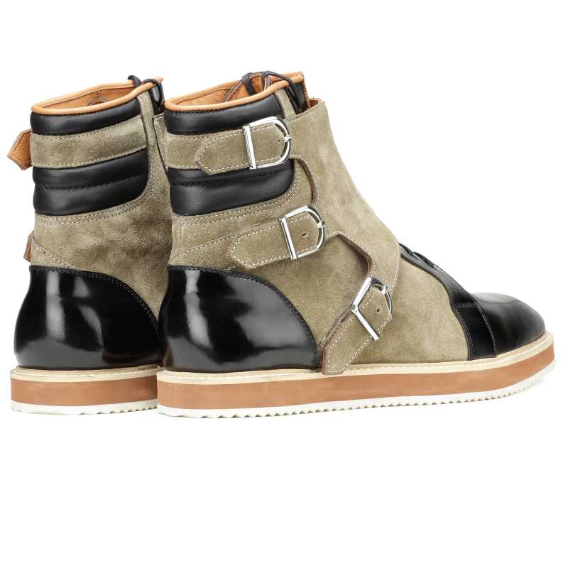 Barton Designer 3-Buckled Boots in Black Olive Suede