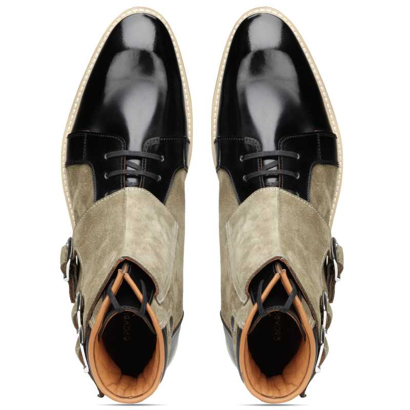 Barton Designer 3-Buckled Boots in Black Olive Suede