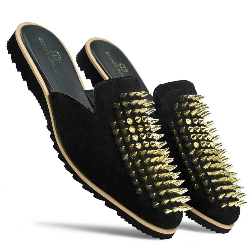 Garrett Studded Mule Slippers in Black and Gold