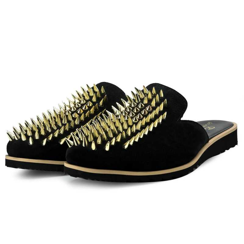 Garrett Studded Mule Slippers in Black and Gold