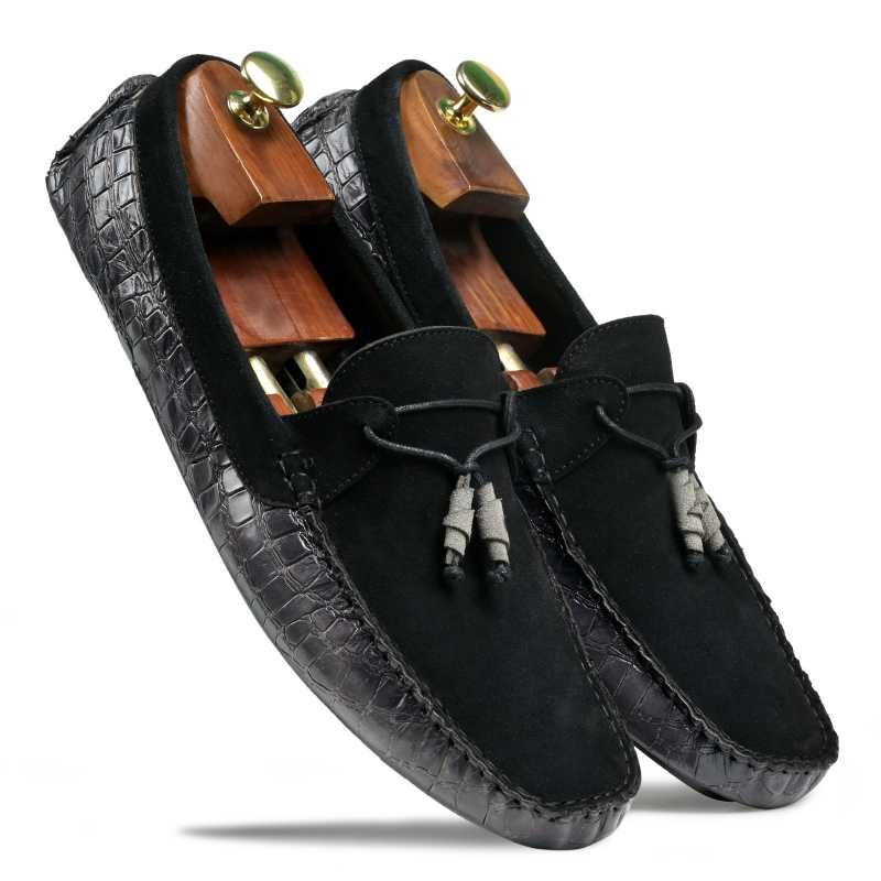 Wilson Designer Tassel Loafers in Black Suede