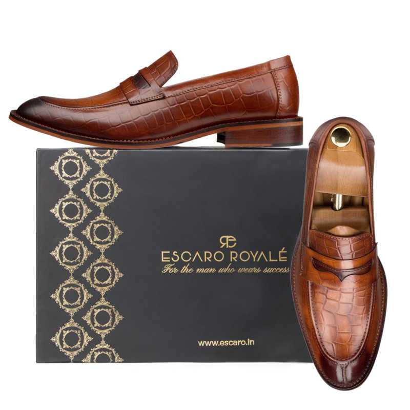 Rhody Croco-embossed Penny Loafers in Tan