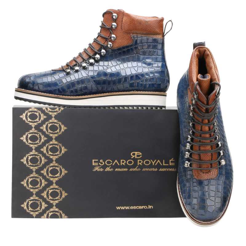 Noa Designer Lace-up Lifestyle Boots in Blue and Brown
