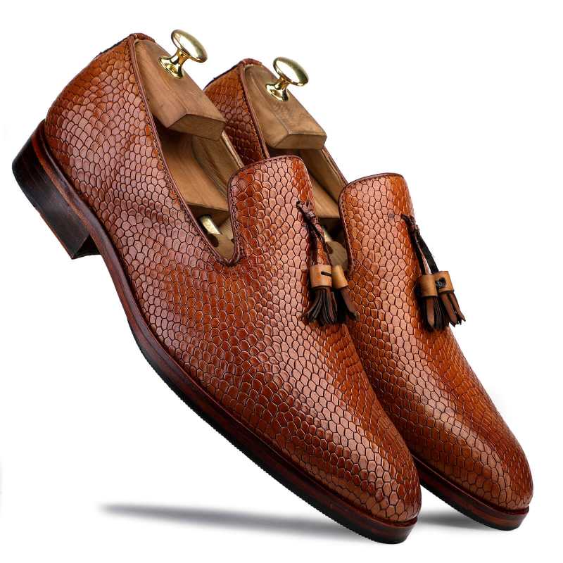 Bourne Fish-embossed Tassel Loafers in Tan