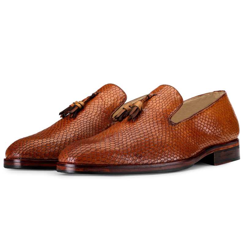 Bourne Fish-embossed Tassel Loafers in Tan