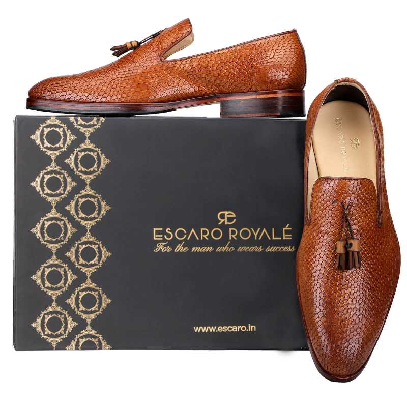 Bourne Fish-embossed Tassel Loafers in Tan