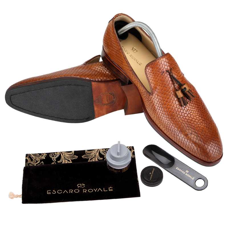 Bourne Fish-embossed Tassel Loafers in Tan
