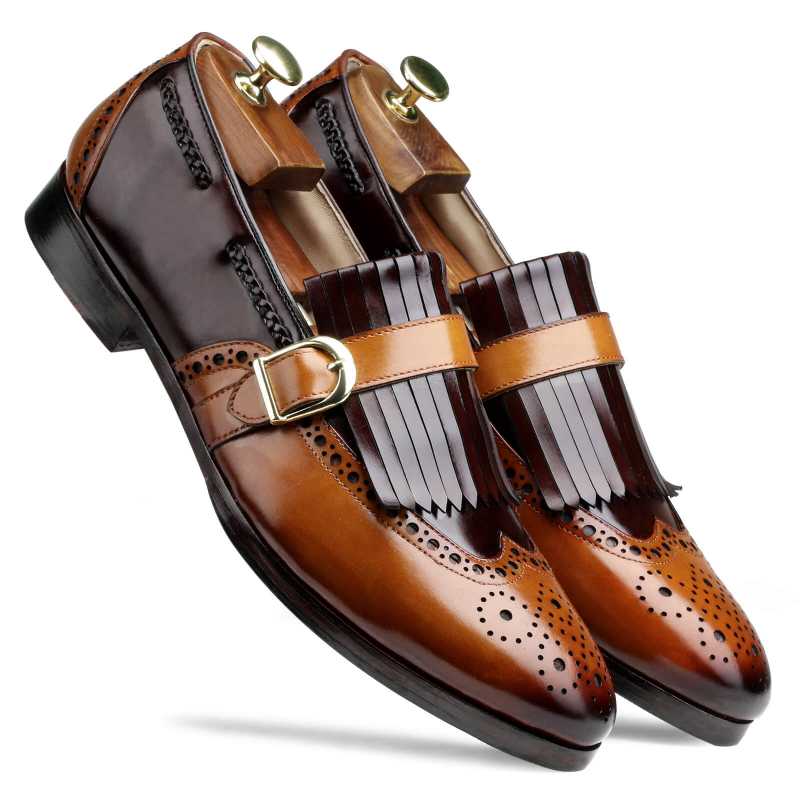 Harvey Wingtip Buckled Kiltie Loafers in Brown-Tan