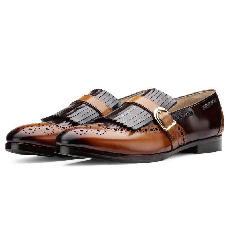 Harvey Wingtip Buckled Kiltie Loafers in Brown-Tan