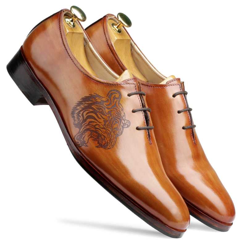 Garrick Tiger-Lasered Wholecut Oxfords in Tan