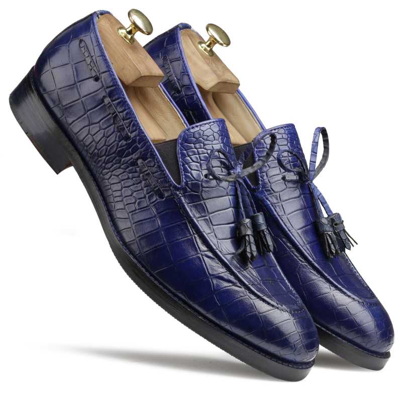 Columbia Croco-Embossed Bow-Tassel Loafers in Blue