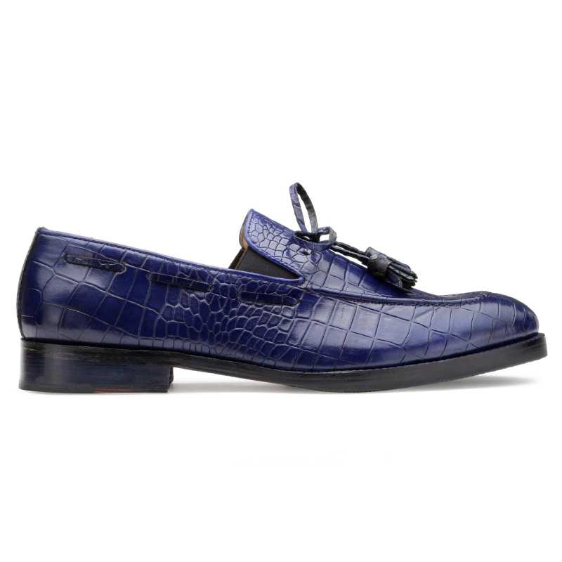 Columbia Croco-Embossed Bow-Tassel Loafers in Blue