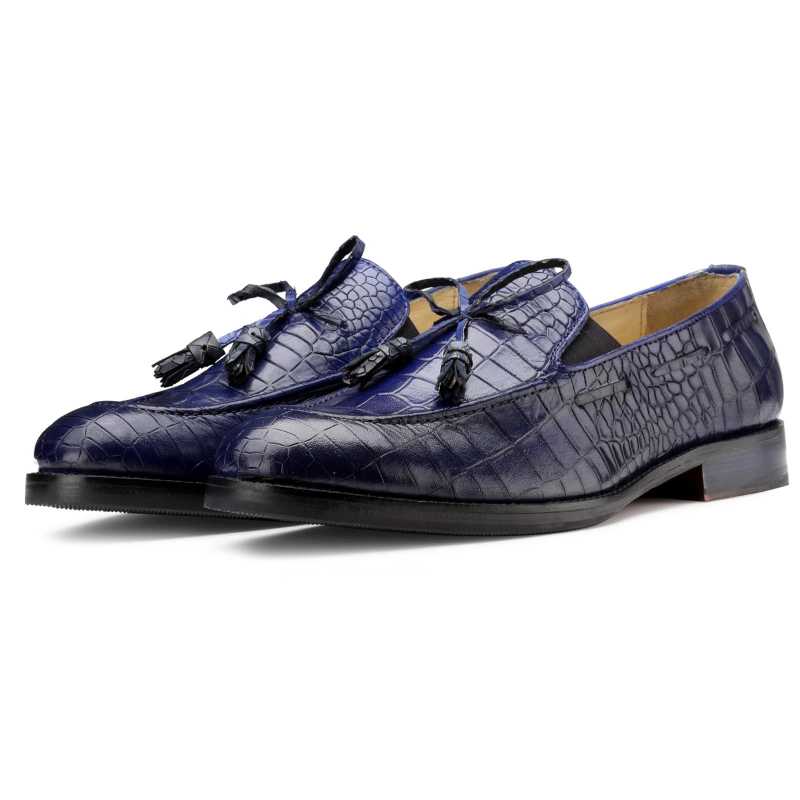 Columbia Croco-Embossed Bow-Tassel Loafers in Blue