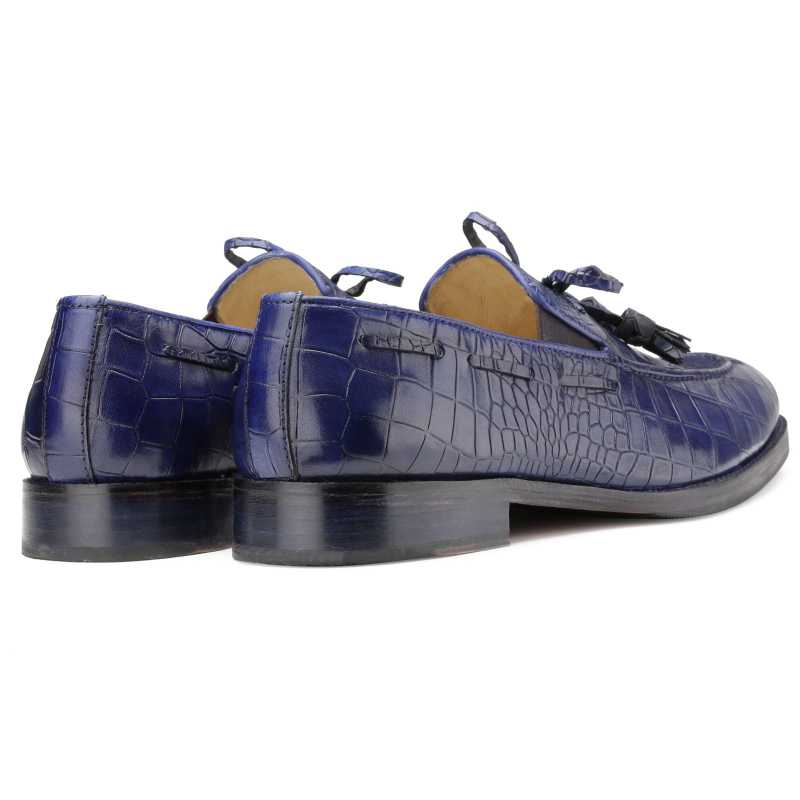 Columbia Croco-Embossed Bow-Tassel Loafers in Blue