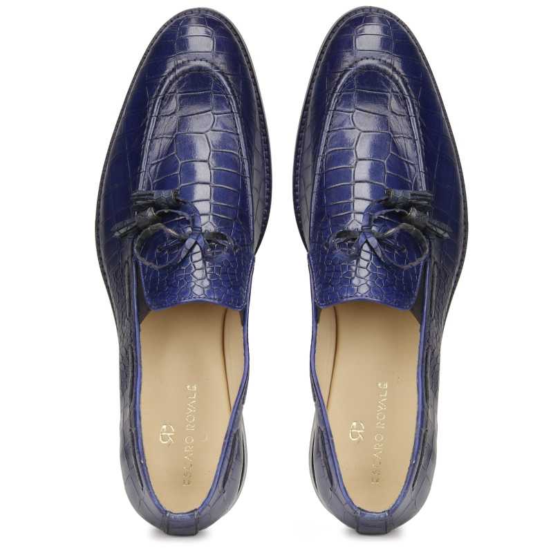 Columbia Croco-Embossed Bow-Tassel Loafers in Blue