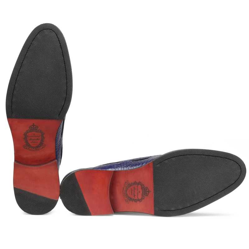 Columbia Croco-Embossed Bow-Tassel Loafers in Blue