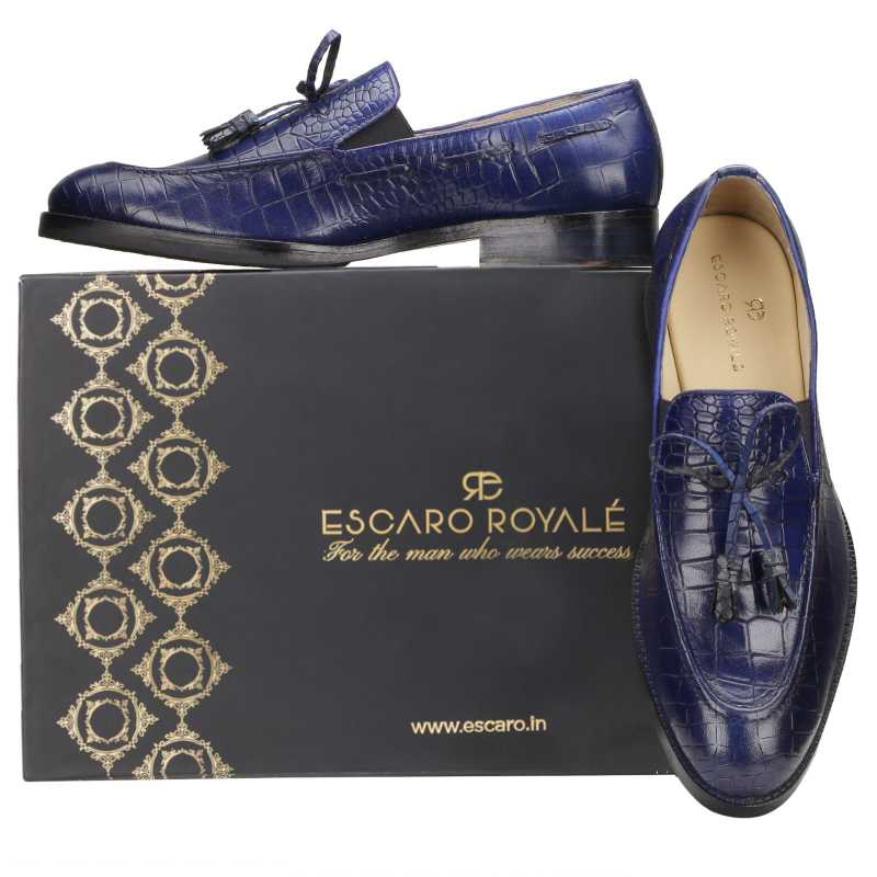 Columbia Croco-Embossed Bow-Tassel Loafers in Blue