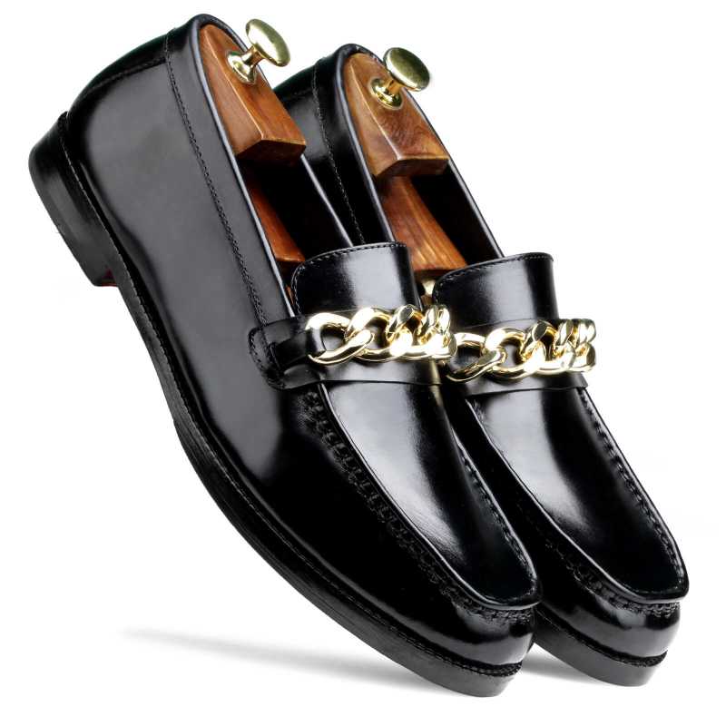 Gold Chain Black And Gold Loafers For Men Men Suede Leather
