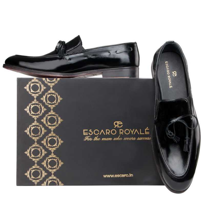 Russel High-Gloss Bowtie Tassel Loafers in Black