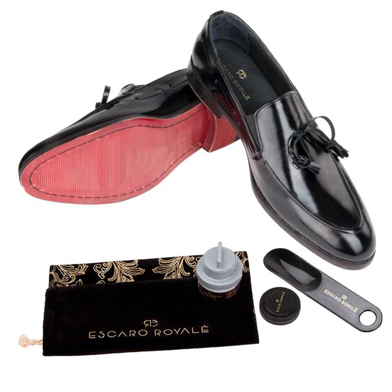 Russel High-Gloss Bowtie Tassel Loafers in Black