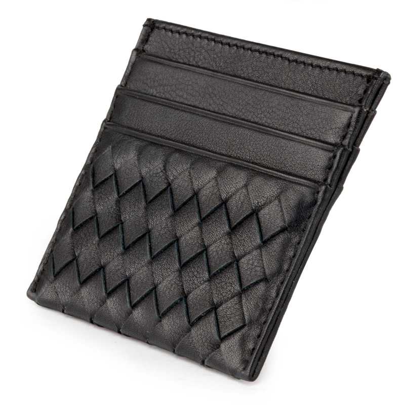 Black Leather Men Basket Weave Design Luxury Card Holder