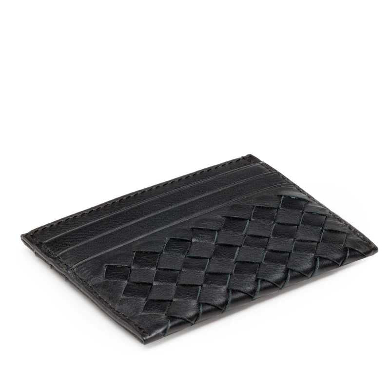 Black Leather Men Basket Weave Design Luxury Card Holder