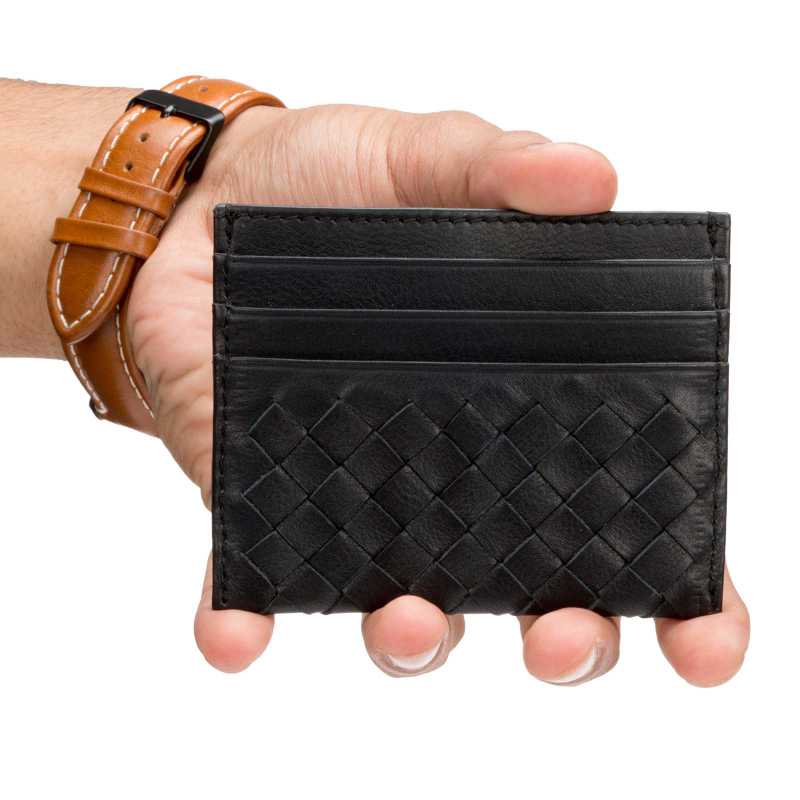 Black Leather Men Basket Weave Design Luxury Card Holder