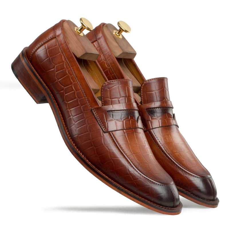 Rhody Croco-embossed Penny Loafers in Tan