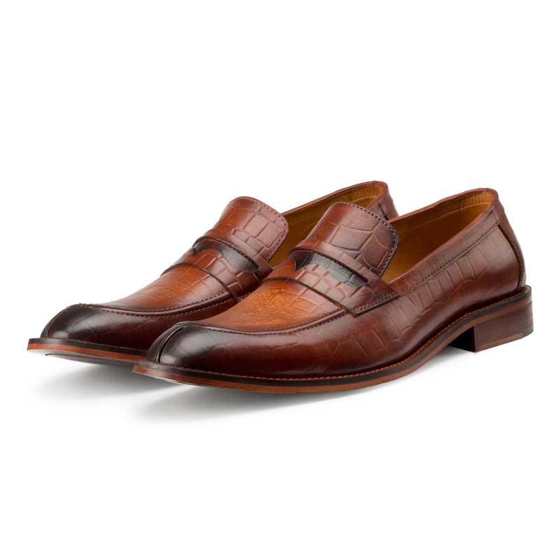 Rhody Croco-embossed Penny Loafers in Tan