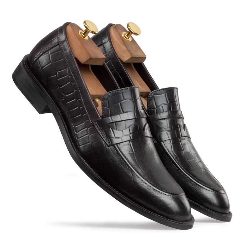 Enrico Croco-Embossed Penny Loafers in Black
