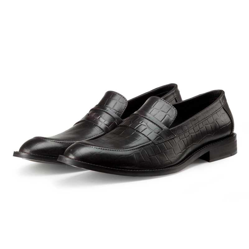 Enrico Croco-Embossed Penny Loafers in Black