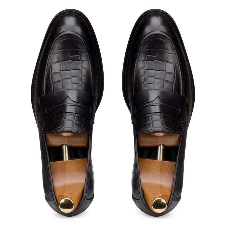 Enrico Croco-Embossed Penny Loafers in Black