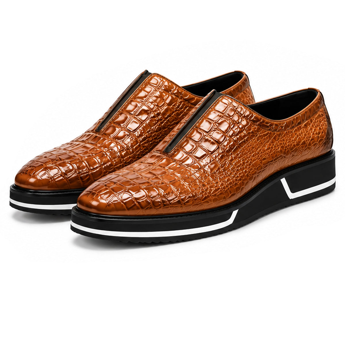 Sovrano Laceless Loafers Croc Pattern in Cognac - men's shoes, view 2