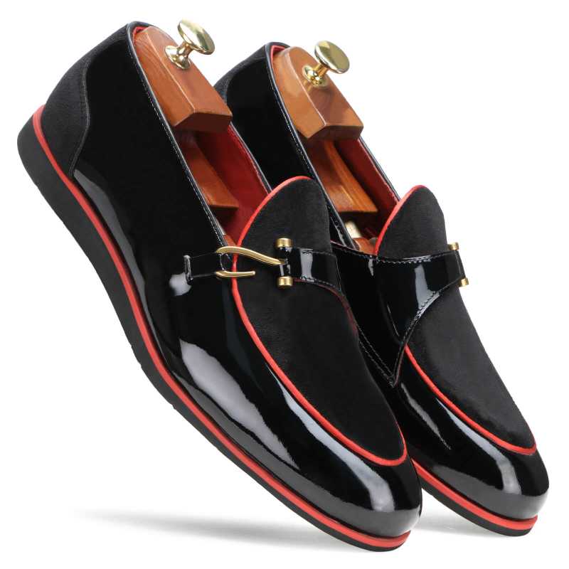 Sterling Loafers in Black Velvet and Red Piping