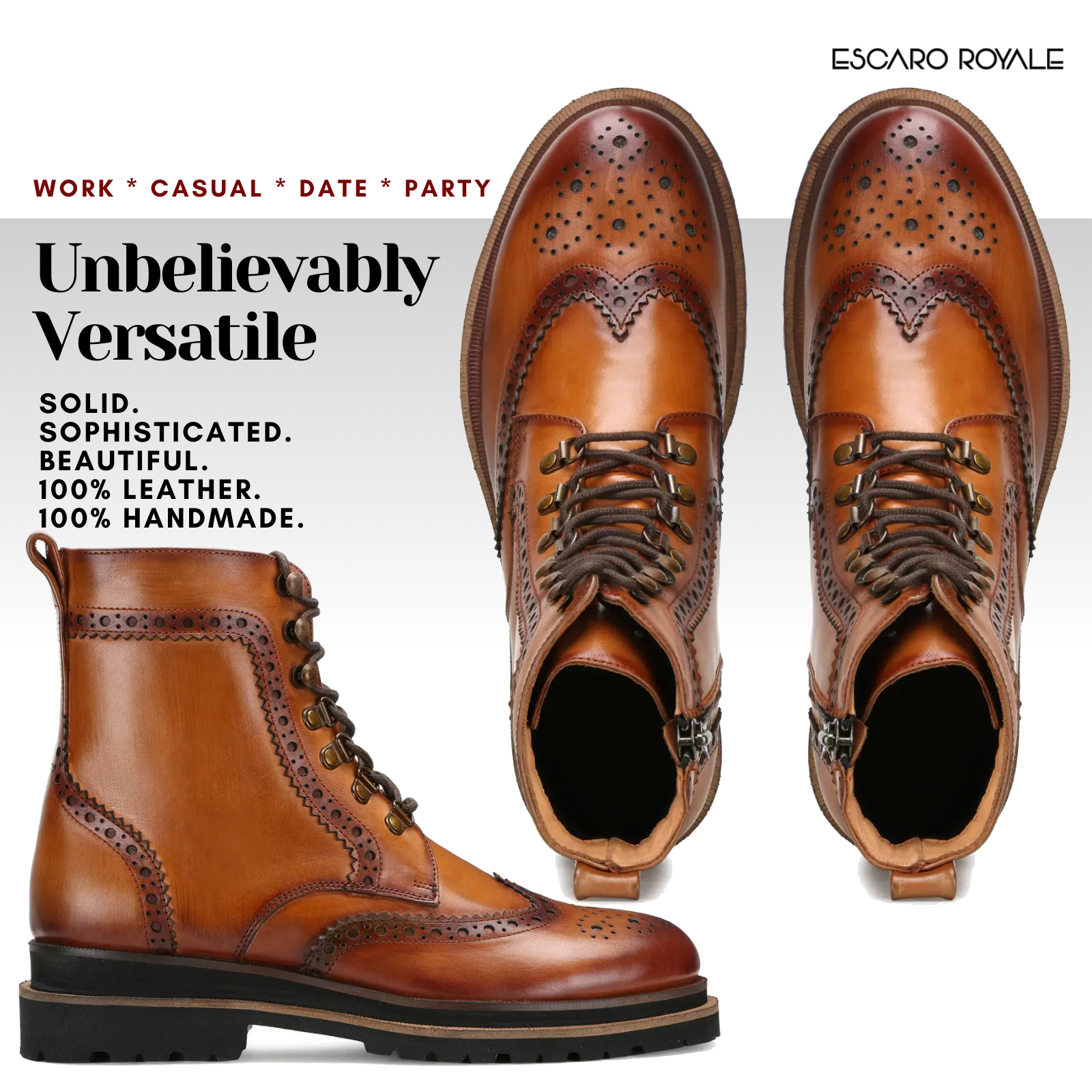 Edward Zipper+Laceup Brogue Boots in Cognac/ Tan