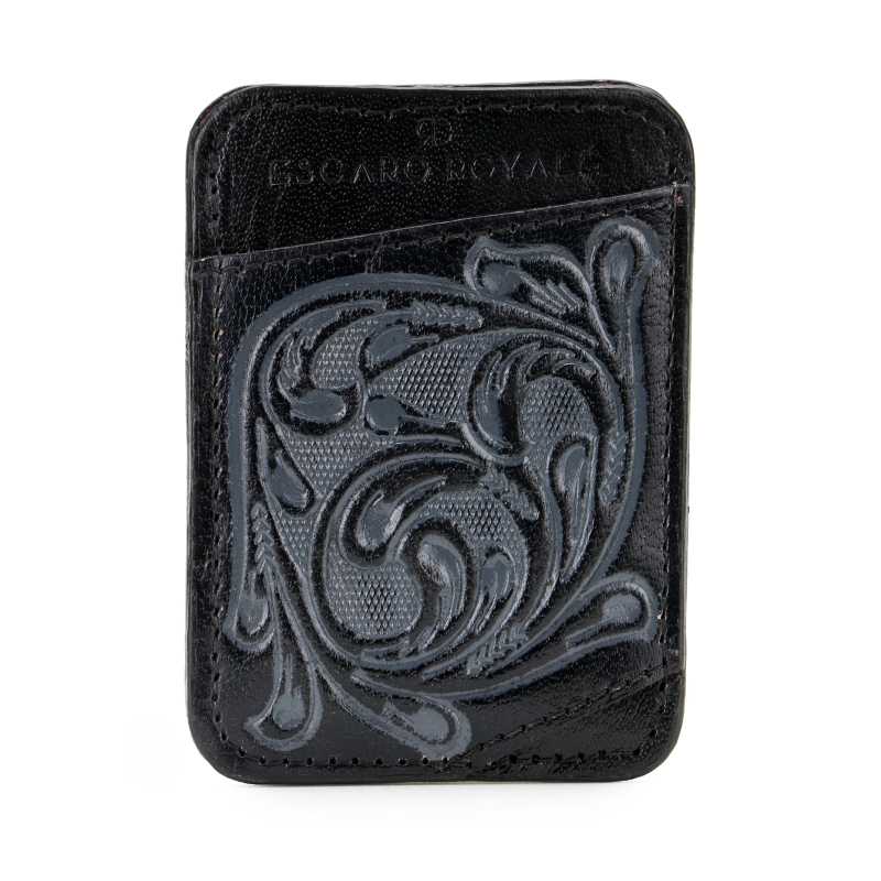 The Athens Hand-Tooled Leather Cash Card Holder In Black-Gray