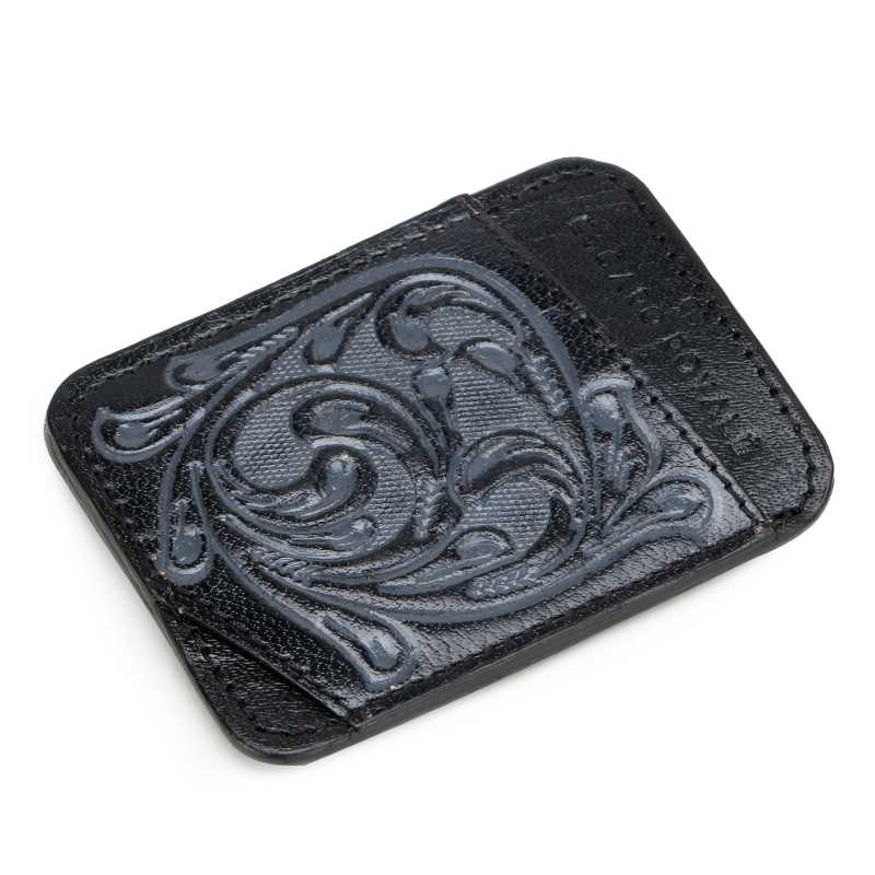 The Athens Hand-Tooled Leather Cash Card Holder In Black-Gray
