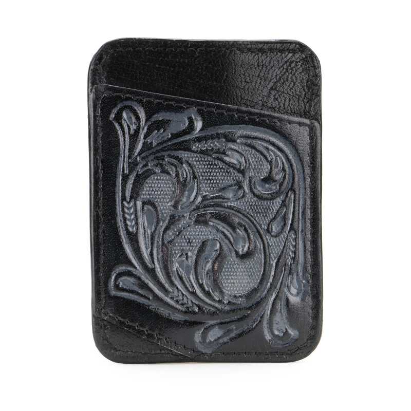 The Athens Hand-Tooled Leather Cash Card Holder In Black-Gray