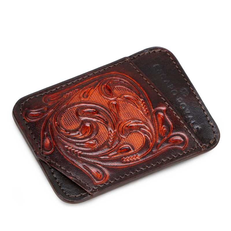 The Athens Hand-Tooled Leather Cash Card Holder IN Brown