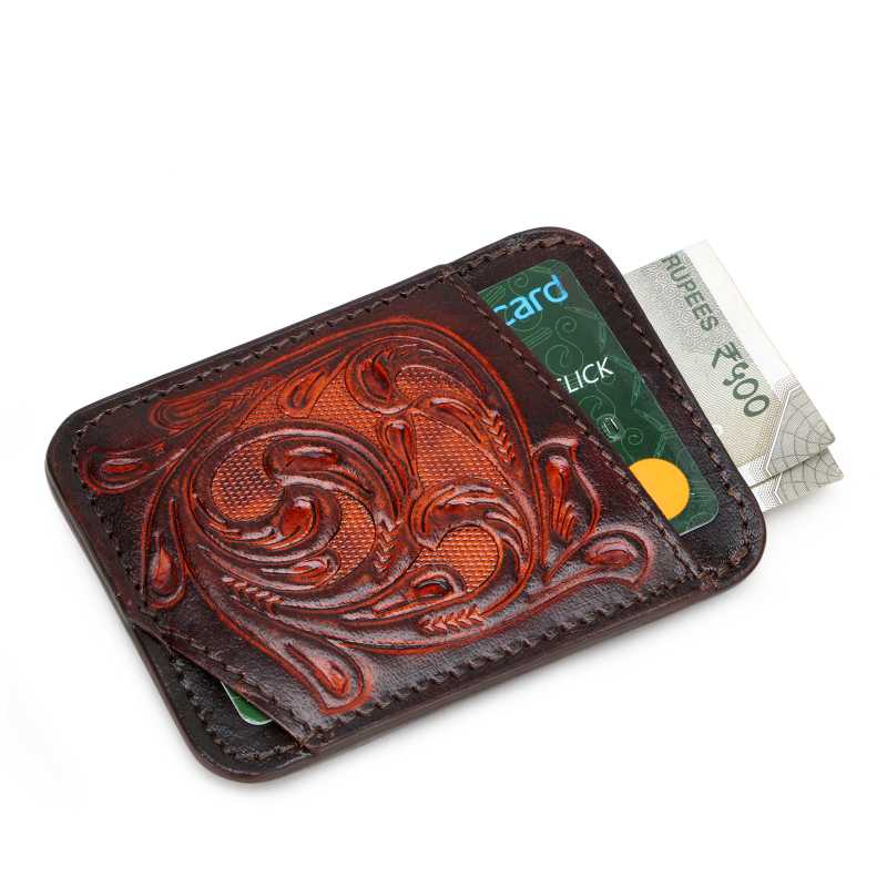 The Athens Hand-Tooled Leather Cash Card Holder IN Brown