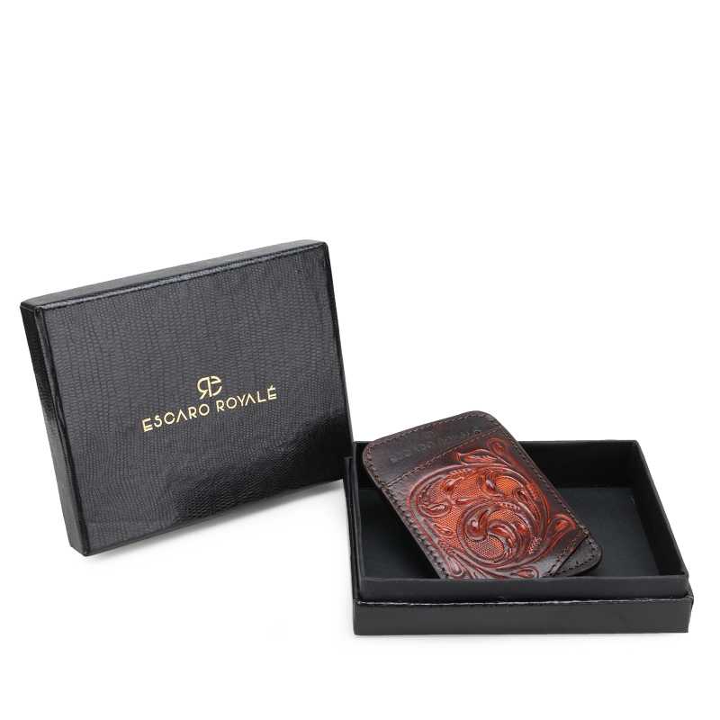 The Athens Hand-Tooled Leather Cash Card Holder IN Brown