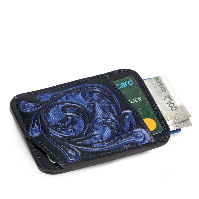 The Athens Hand-Tooled Leather Cash Card Holder In Blue