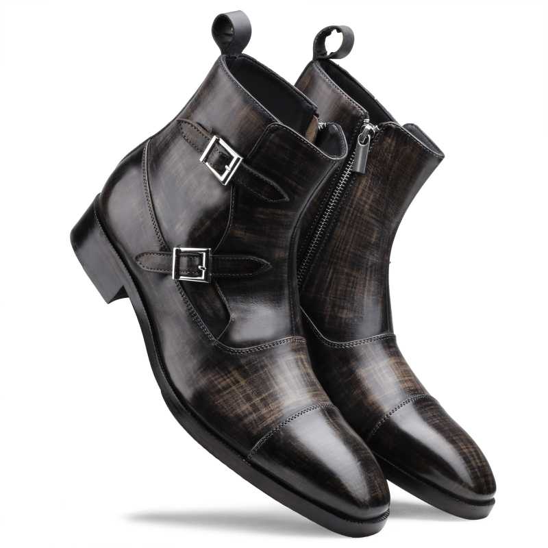 Hernan Toecap Buckled Zipper Boots In Gray