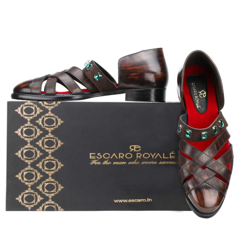 Spartan Stone Studded Ethnic Sandals in Brown